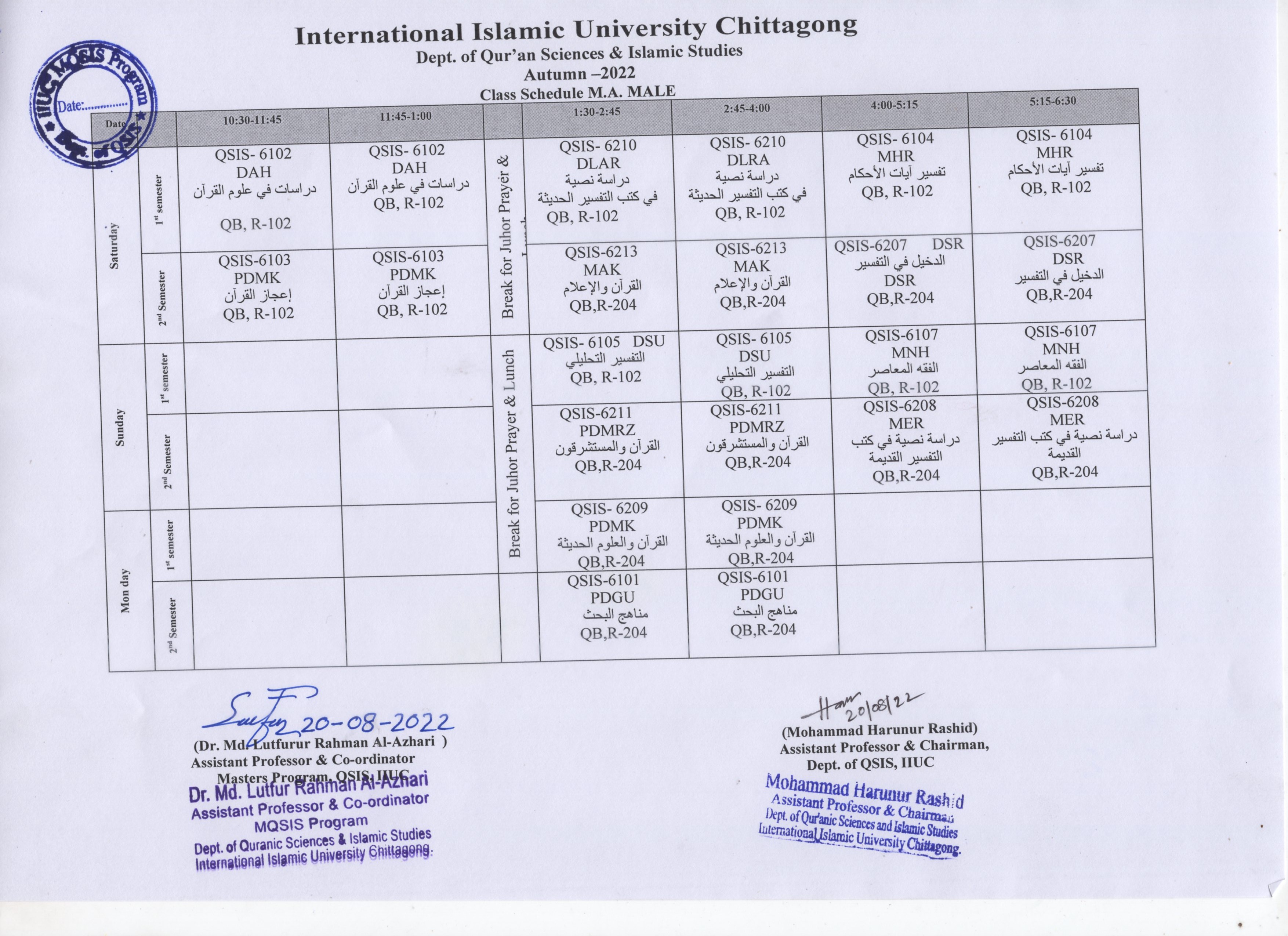 MQSIS Class Schedule Autumn 2022 Male