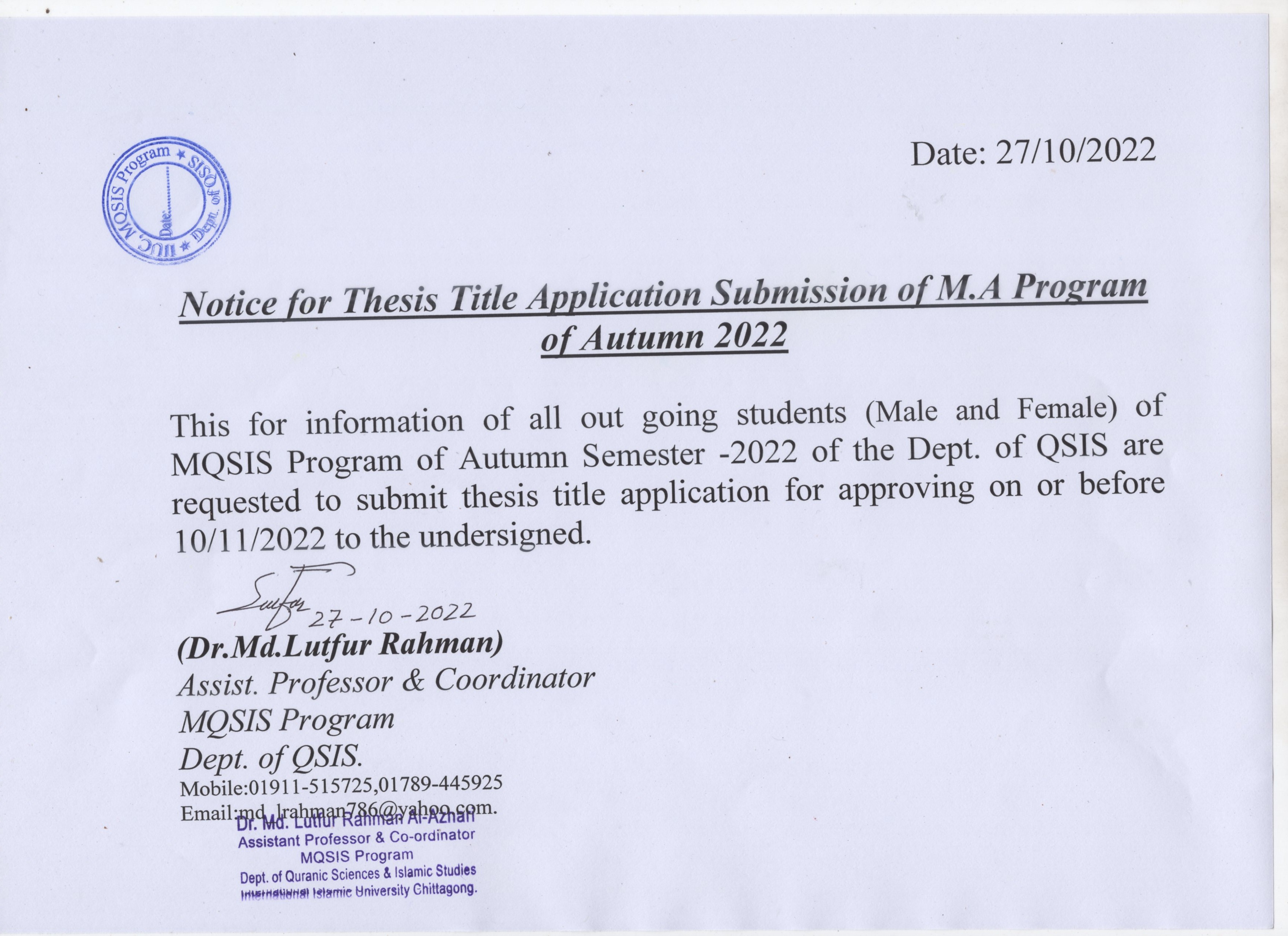 Thesis Title Submission of MQSIS Program Autumn-2022