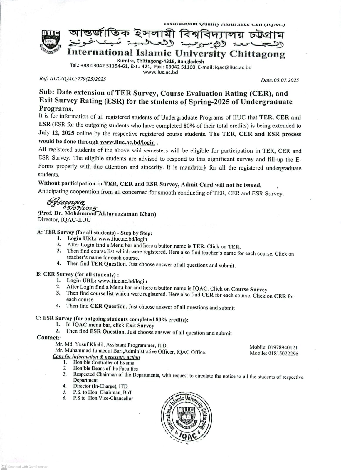 Date extension of TER Survey, Course Evaluation Rating (CER), and Exit Survey Rating (ESR) for the students of Spring-2025 of Undergraduate Programs.
