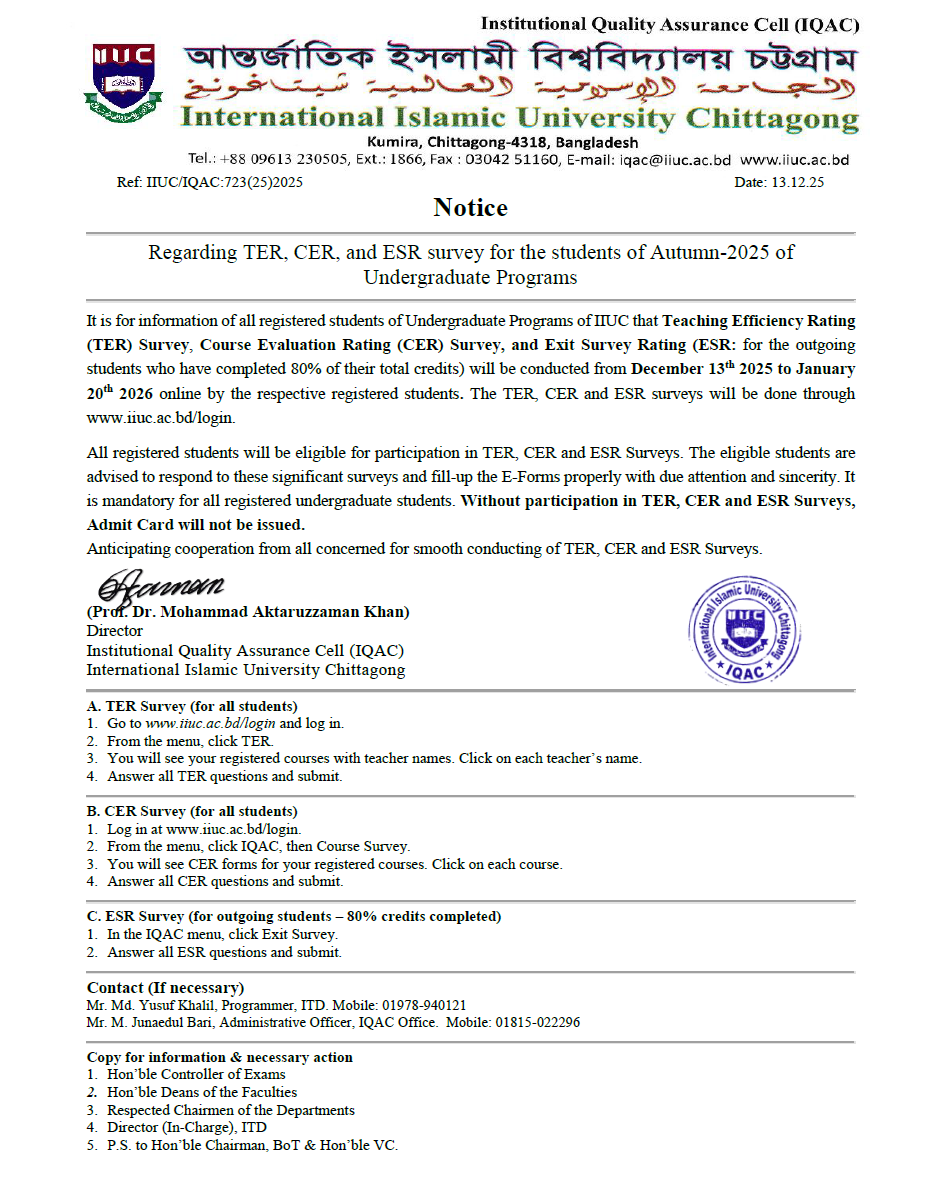 Regarding TER, CER, and ESR survey for the students of Autumn-2025 of Undergraduate Programs