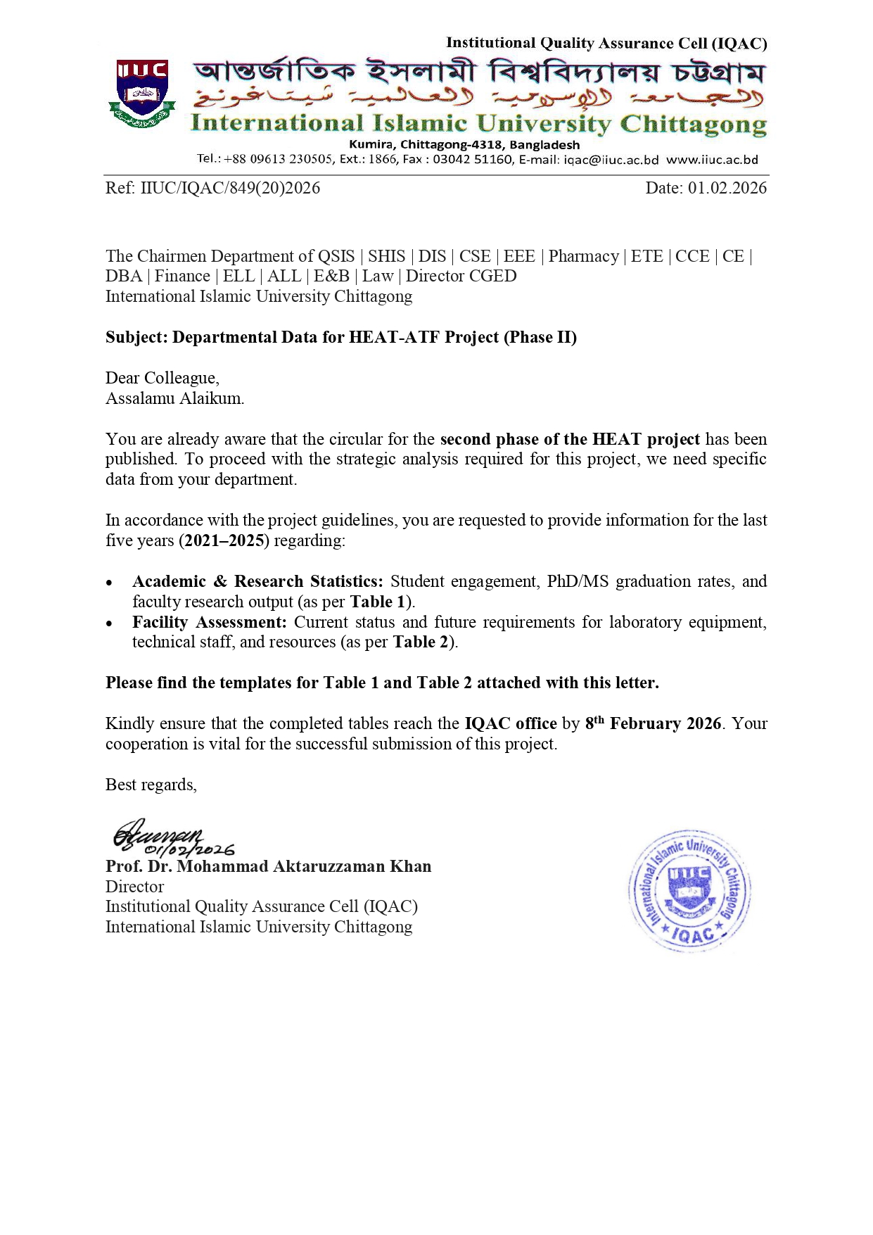 Submission of Departmental Research and Facility Data for HEAT Project