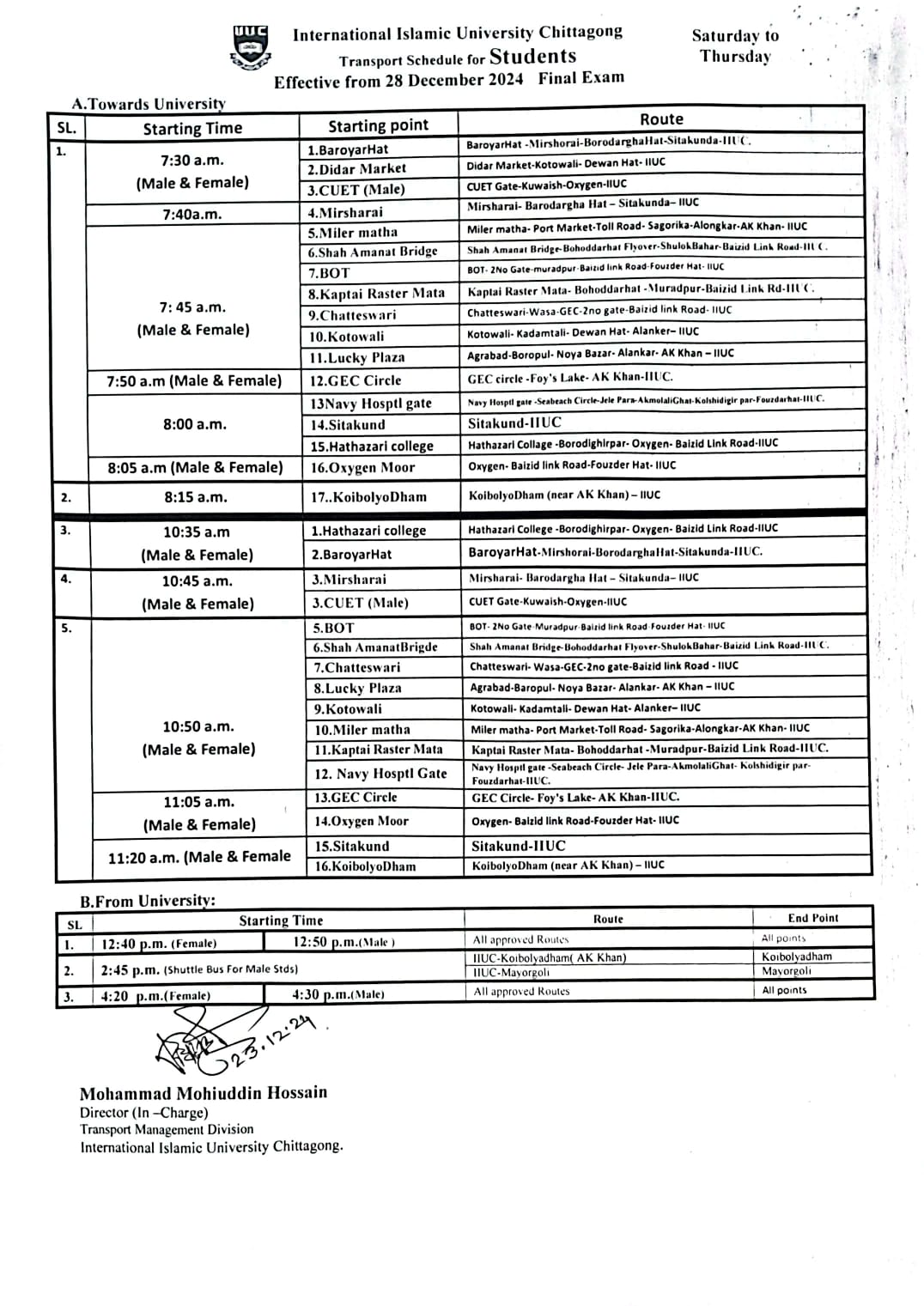 Transport Schedule for Students effective from 28th December, 2024