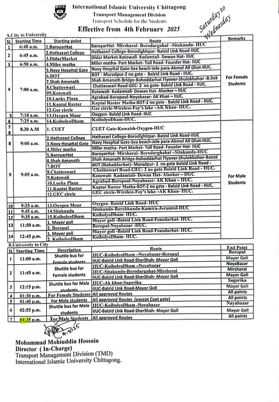 Transport Schedule for Students Effective from 4th February 2025