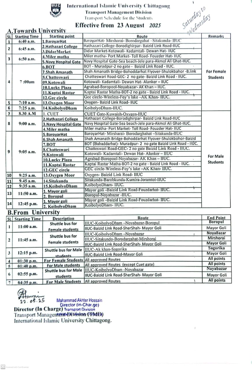 Transport Schedule for students - Effective from 23rd August