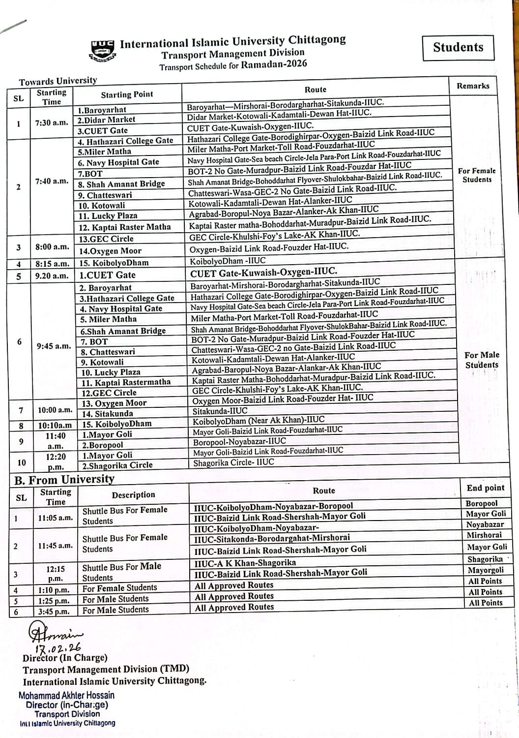 Transport Schedule for Students during Ramadan 2026