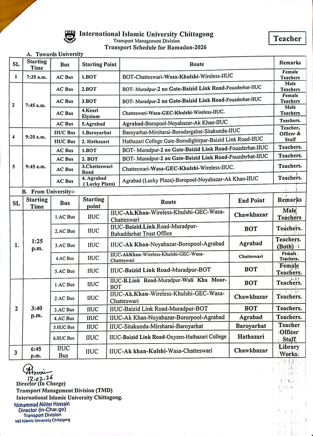 Transport Schedule for Teachers during Ramadan 2026