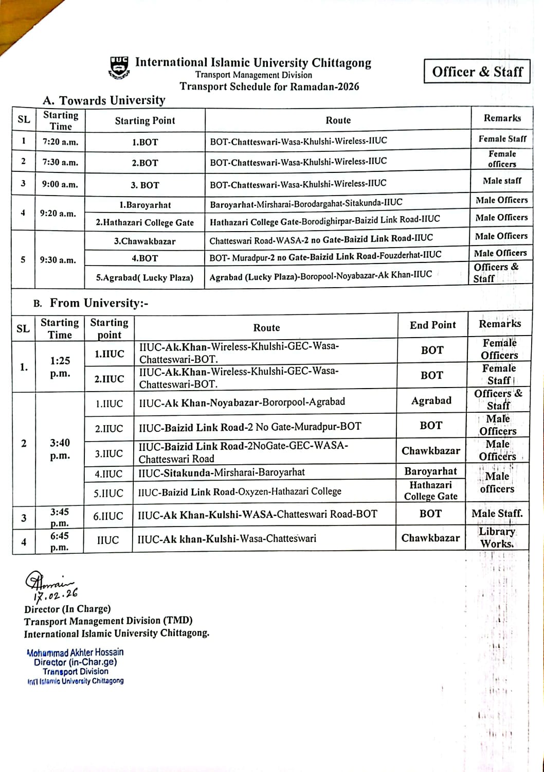 Transport Schedule for Officers and Staff during Ramadan 2026
