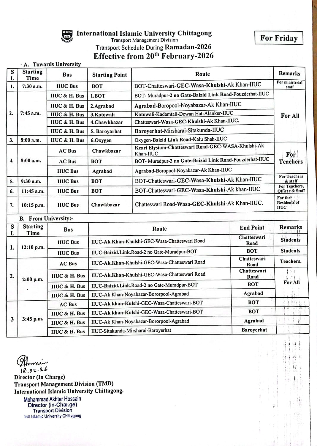 Transport Schedule for Friday during Ramadan 2026